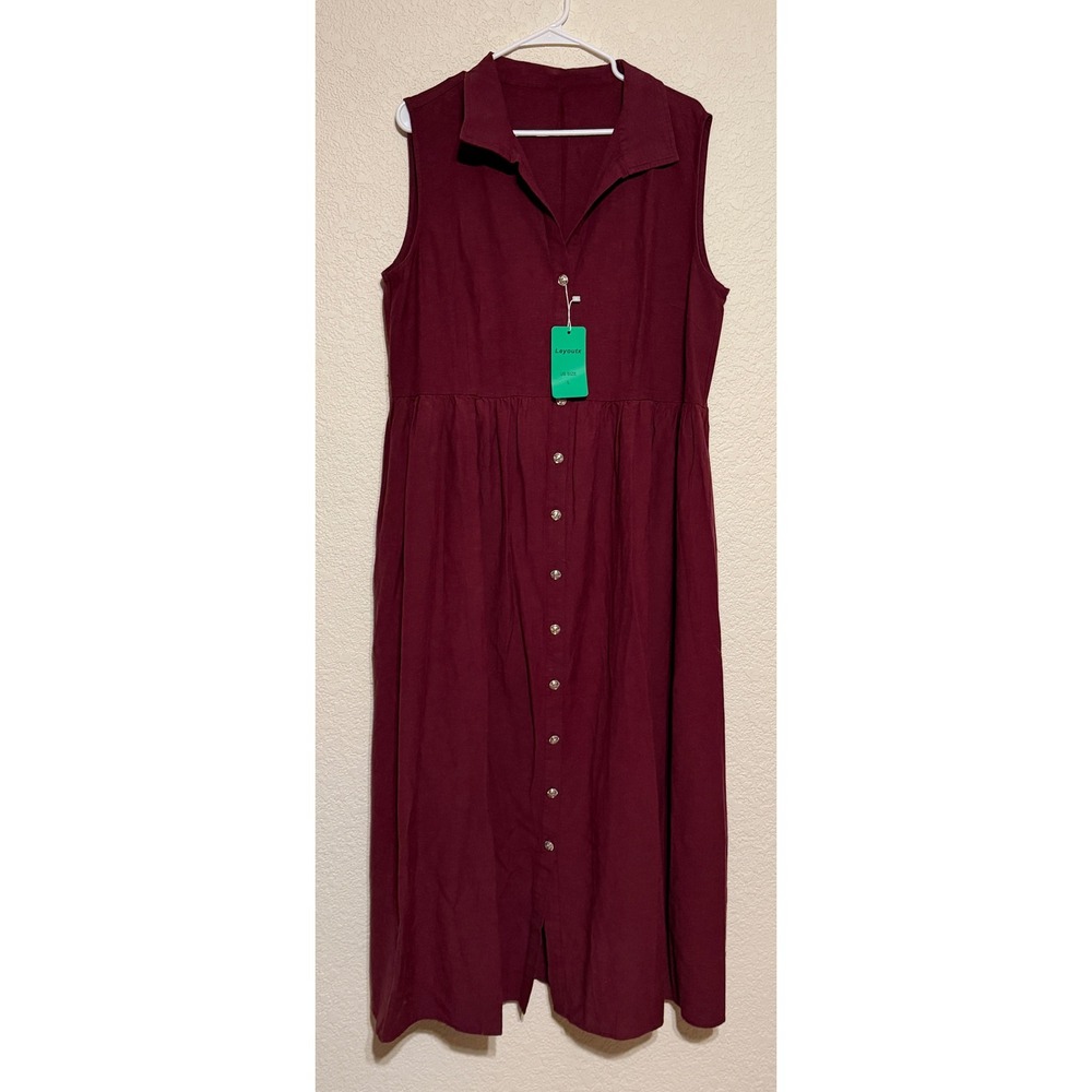 Leyoutx Burgundy Linen Blend Sleeveless Button Front Midi Dress Pockets Large